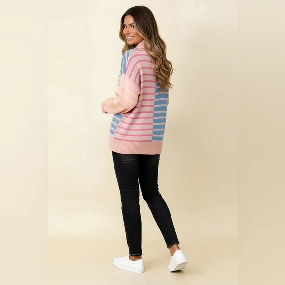 Pink blue stripe half zip contrast western print pullover sweatshirt tunic top - Picture 6 of 8